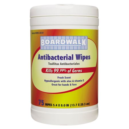 Boardwalk Antibacterial Wipes, Fresh Scent, 8" x 5 1/2", White, 75 Wipes Per Canister, Case Of 6 Canisters