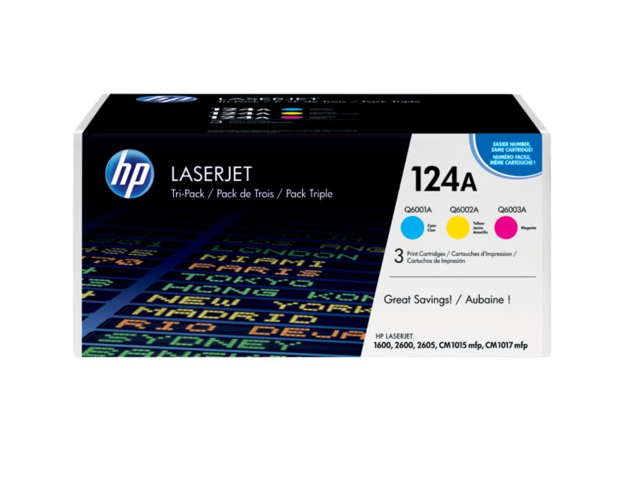 HP 124A, Tricolor Toner Cartridges (Q6001A / Q6002A / Q6003A), Pack Of 3