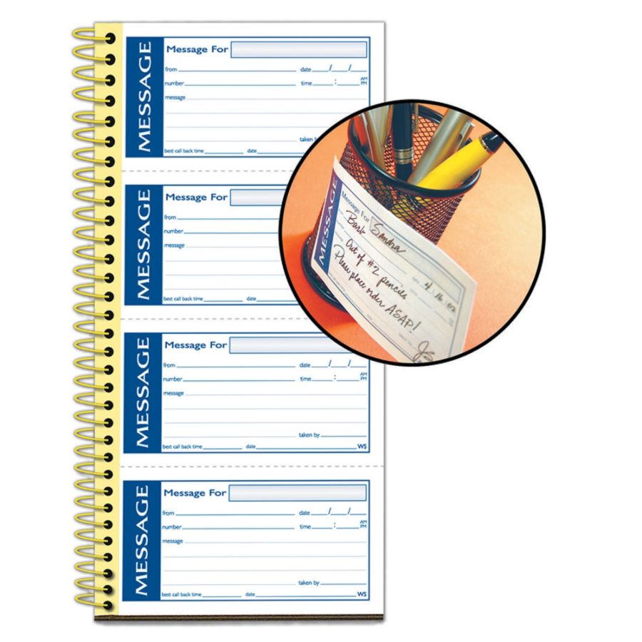 Office Depot&reg; Brand Write n' Stick&reg; Phone Message Book, "Message", 11" x 5 1/2", 4 Messages/Page, 25 Sheets, White/Canary Pages, Blue Ink