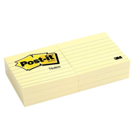 Post-it&reg; 3" x 3" Notes, Lined, Canary Yellow, 100 Sheets Per Pad, Pack Of 6 Pads