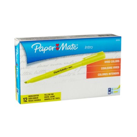 Paper Mate&reg; Intro Pen-Style Highlighters, Fluorescent Yellow, Pack Of 12