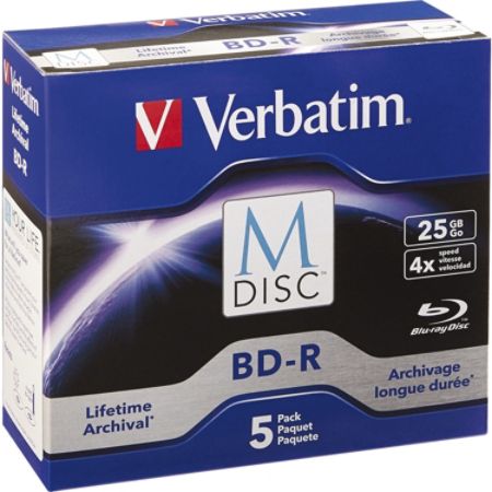 Verbatim M-Disc BD-R 25GB 4X with Branded Surface - 5pk Jewel Case Box - TAA Compliant