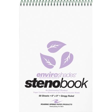 Roaring Spring Enviroshades Gregg Ruled Steno Book - 80 Sheets - Printed - Spiral Bound - 15 lb Basis Weight 6" x 9" - Orchid Paper - Orchid Cover - Board Cover - Recycled - 4 / Pack