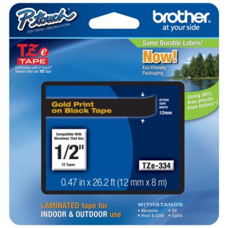 Brother&reg; TZE334 Label Tape, 1/2", Black/Gold