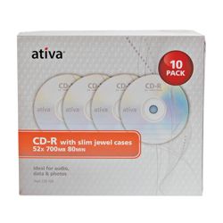 Ativa&reg; CD-R Recordable Media With Slim Jewel Cases, 700MB/80 Minutes, Pack Of 10