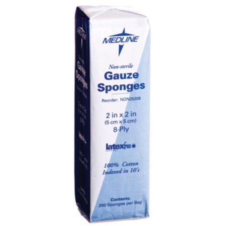 Medline Non-Sterile Woven Gauze Sponges, 8-Ply, 2" x 2", White, Pack Of 200