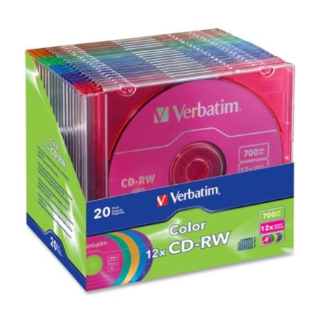 Verbatim CD-RW 700MB 4X-12X DataLifePlus with Color Branded Surface and Matching Case - 20pk Slim Case, Assorted - TAA Compliant