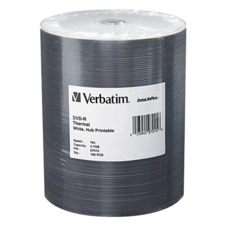 Verbatim DVD-R 4.7GB 16X DataLifePlus White Thermal Printable, Hub Printable - 100Pk Tape Wrap
