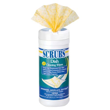 Scrubs Pre-Soaked Dishwashing Wipes, Lemon Scent, 6" x 10", 25% Recycled, Orange/White, Pack Of 50