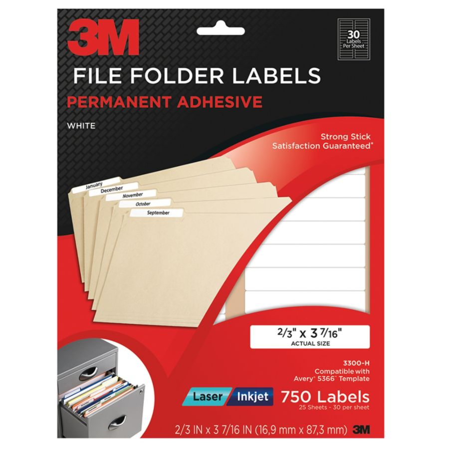 3M&trade; Color Permanent Inkjet/Laser Filing Labels, 2/3" x 3 7/16", White, Pack Of 750