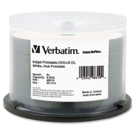 Verbatim DVD+R DL 8.5GB 8X DataLifePlus White InkJet Printable, Hub Printable - 50pk Spindle