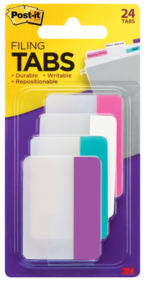 Post-it&reg; Durable Filing Tabs, 2" x 1 1/2", Assorted Colors, 6 Flags Per Pad, Pack Of 4 Pads