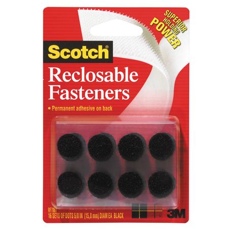 Scotch&reg; Recloseable Fasteners, Black, 5/8" x 5/8" Dots, Pack Of 24