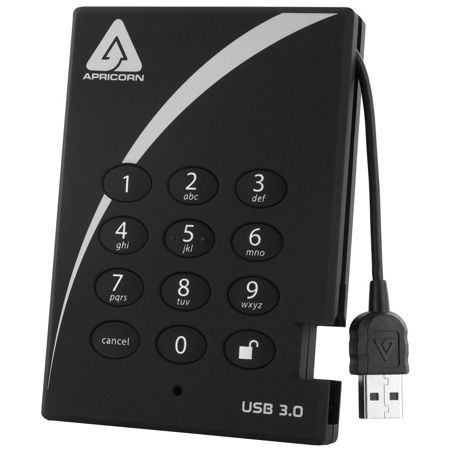 Apricorn Aegis Padlock 500GB External USB 3.0 Hard Drive, Black, A25-3PL256-500