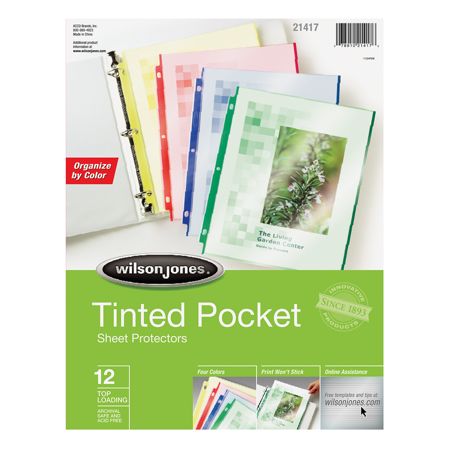 Wilson Jones&reg; Tinted Pocket Sheet Protectors, Lightweight, Semiclear, Multicolor, Pack Of 12