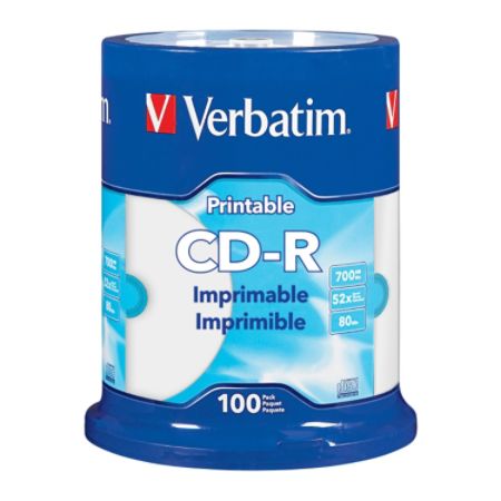 Verbatim&reg; CD-R Printable Disc Spindle, White, Pack Of 100