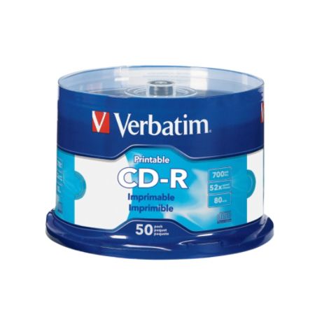 Verbatim&reg; CD-R Printable Disc Spindle, White, Pack Of 50