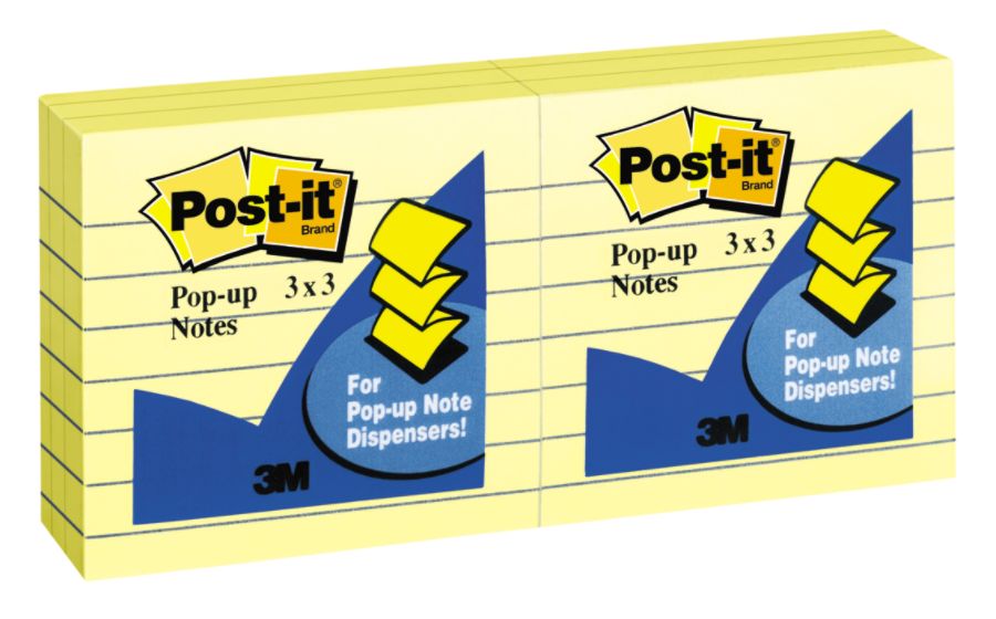 Post-it&reg; 3" x 3" Pop-up Lined Notes, Yellow, 100 Sheets Per Pad, Pack Of 6 Pads
