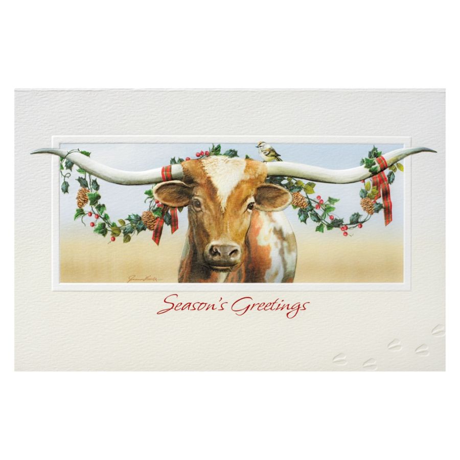 30% Recycled Personalized Regional Holiday Cards, 5 3/8" x 8 1/4", Longhorn, Box Of 25