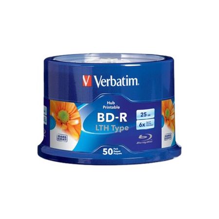 Verbatim BD-R LTH Type 25GB 6X White Inkjet Printable, Hub Printable - 50pk Spindle - TAA Compliant