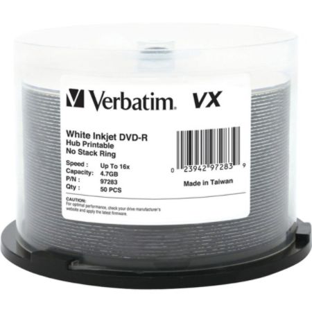 Verbatim DVD-R 4.7GB 16X VX White Inkjet Printable, Hub Printable - 50pk Spindle - TAA Compliant