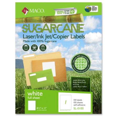 MACO Laser / Ink Jet / Copier Sugarcane Full Sheet Labels - 8.5" Width x 11" Length - 100/Box - Rectangle - 1/Sheet - Laser, Inkjet - White