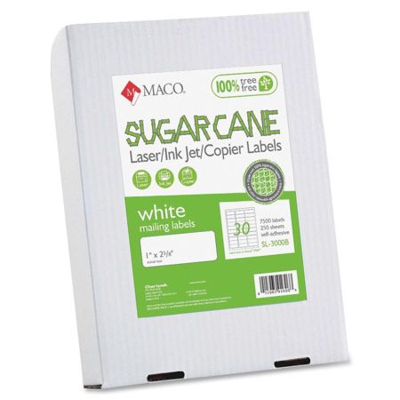 MACO Laser / Ink Jet File / Copier Sugarcane Address Labels - 1" Width x 2.63" Length - 7,500/Box - Rectangle, 30/Sheet - Laser, Inkjet - White
