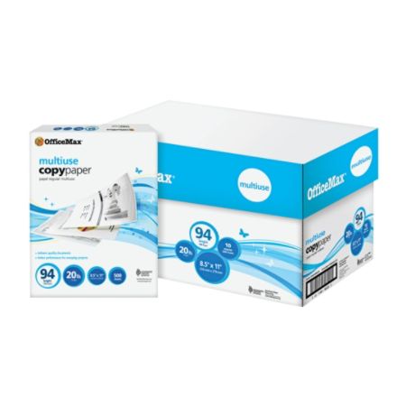 OfficeMax Multiuse Copy Paper, 94 Bright, 5000 Sheets/Case, 8 1/2" x 11", 20 lb.
