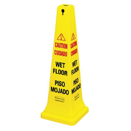 Rubbermaid Commercial Four-Sided Caution, Wet Floor Yellow Safety Cone, 12-1/4 x 12-1/4 x 36h