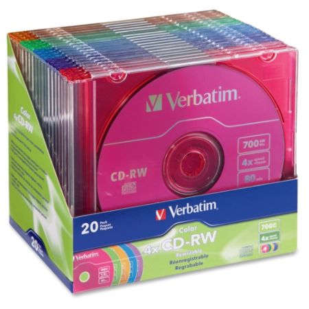 Verbatim&reg; CD-RW Disc Spindle, Assorted Colors, Pack Of 20