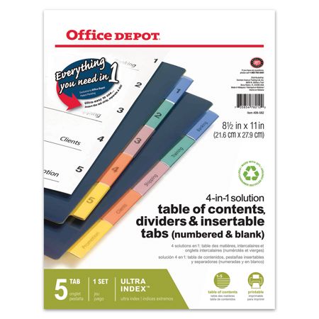 Office Depot&reg; Brand Ultra Index&trade; 4-In-1 Solution Table Of Contents, Dividers And Insertable Tabs, Assorted Colors, Plastic, 5-Tab