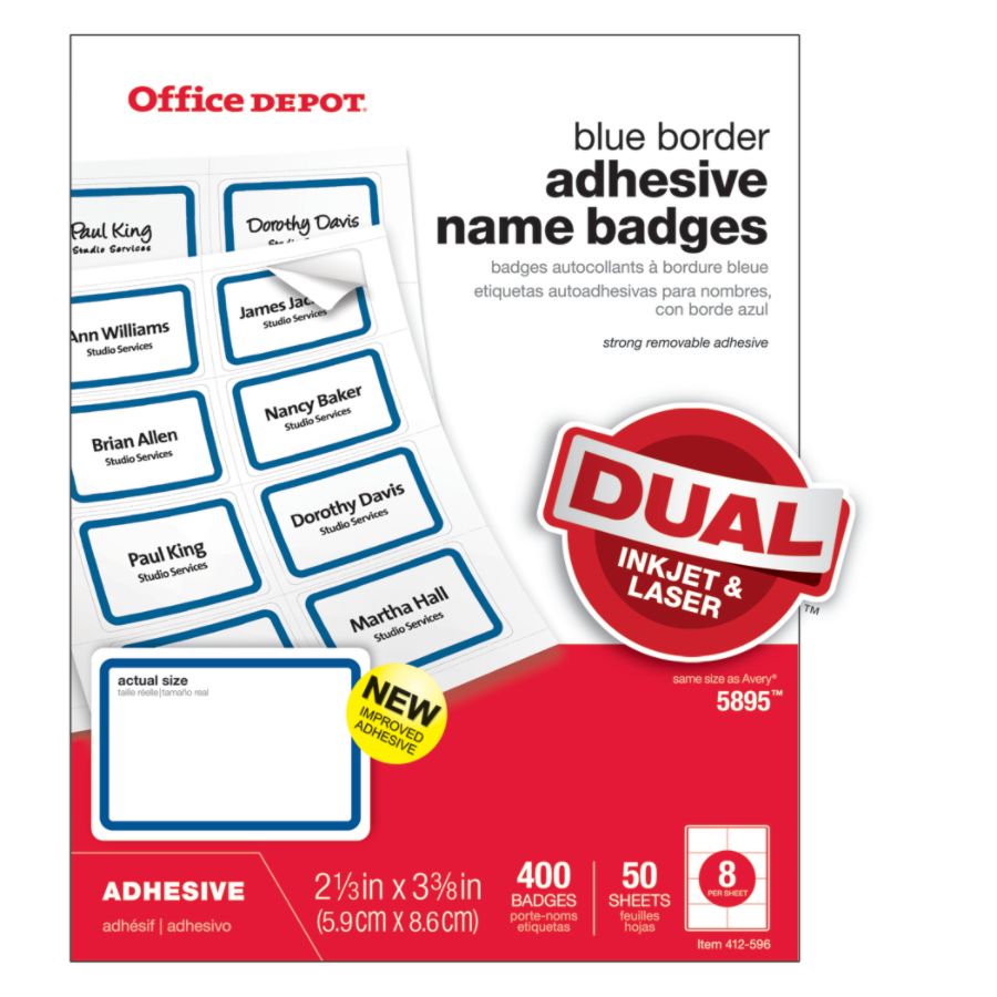 Office Depot&reg; Brand Name Badge Labels, 2 11/32" x 3 3/8", Blue Border, Pack Of 400