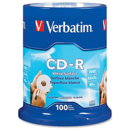 Verbatim CD-R 700MB 52X with Blank White Surface - 100pk Spindle - TAA Compliant