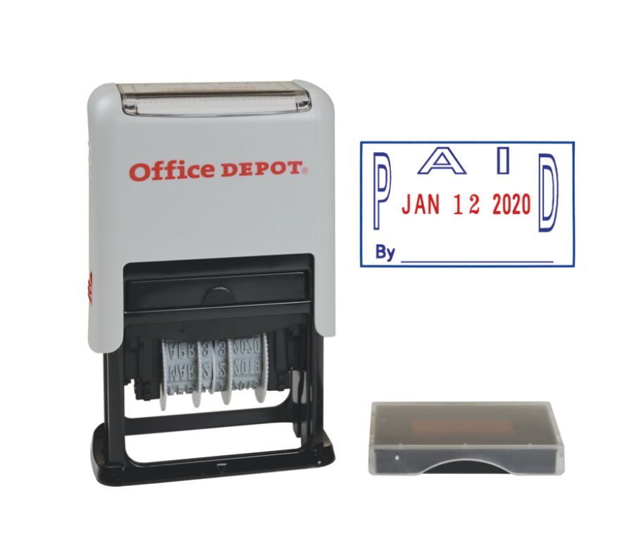Office Depot&reg; Brand Self-Inking Dater With Extra Pad, Paid, Red/Blue Ink