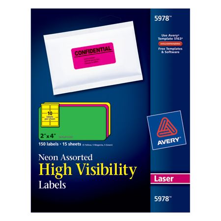Avery&reg; Color Laser Address Labels, 2" x 4", Assorted Neon, 15 Sheets, Pack Of 150