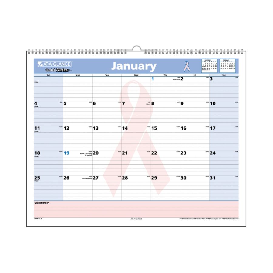 AT-A-GLANCE&reg; QuickNotes&reg; 30% Recycled Special Edition Breast Cancer Awareness Desk/Wall Calendar, 15" x 12", January-December 2013