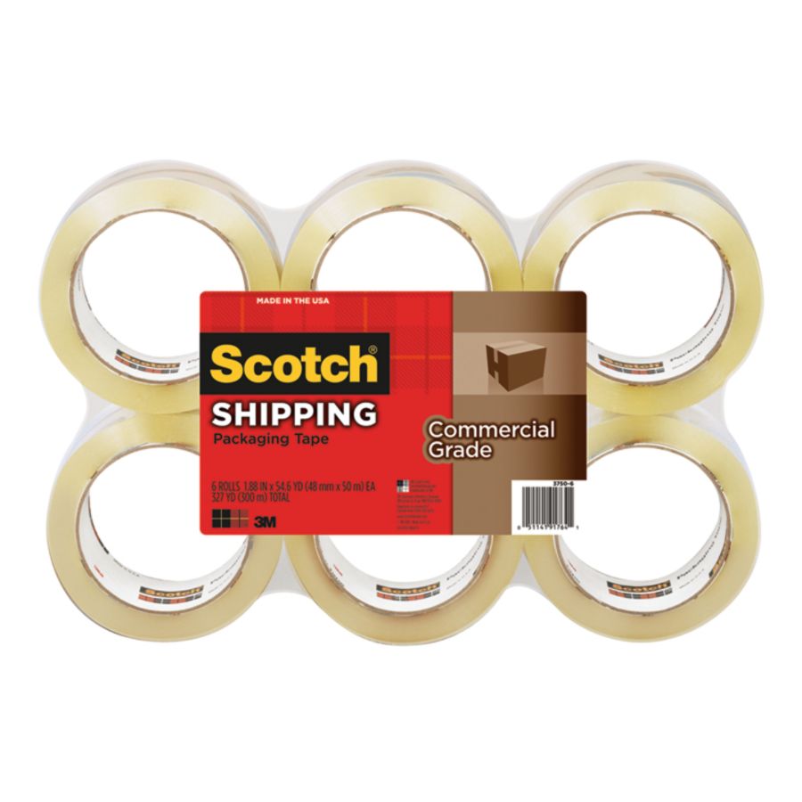 Scotch&reg; 3750 Commercial Performance Packaging Tape, 1 7/8" x 54.6 Yd., Clear, Pack Of 6