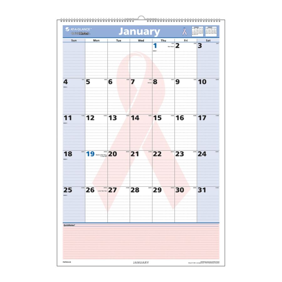 AT-A-GLANCE&reg; QuickNotes&reg; 30% Recycled Special Edition Breast Cancer Awareness Desk/Wall Calendar, 15 1/2" x 22 3/4", January 2013-January 2014