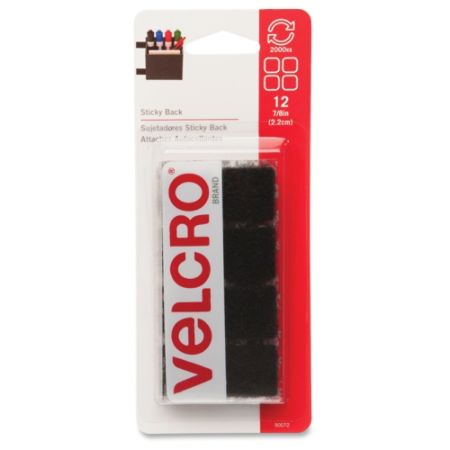 Velcro Adhesive-Backed Tape - 0.88" Width x 0.88" Length - 12 / Pack - Black