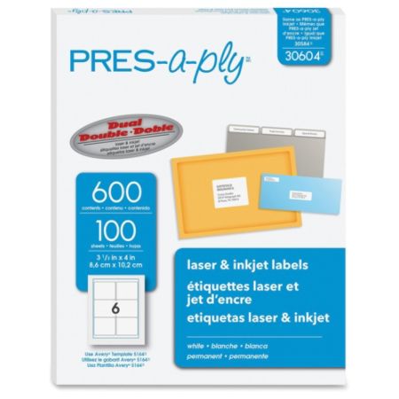 PRES-a-ply Standard Shipping Label - Permanent Adhesive - 3.33" Width x 4" Length - Rectangle - Laser - White - 600 / Box
