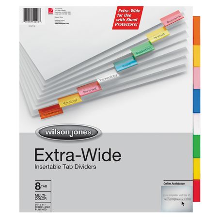 Wilson Jones&reg; Extra-Wide&trade; Insertable Indexes, 8-Tab, Multicolor