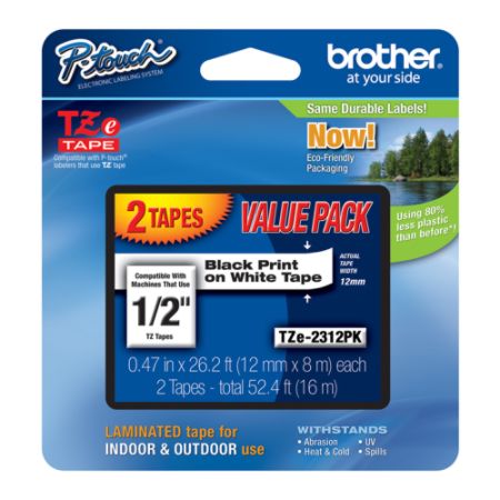 Brother&reg; TZe-231 Black-On-White Tapes, 0.5" x 26.2', Pack Of 2