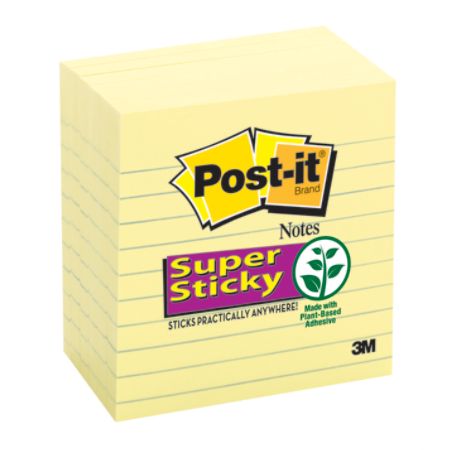 Post-it&reg; 4" x 4" Super Sticky Lined Notes, 90 Sheets Per Pad, Pack Of 6 Pads