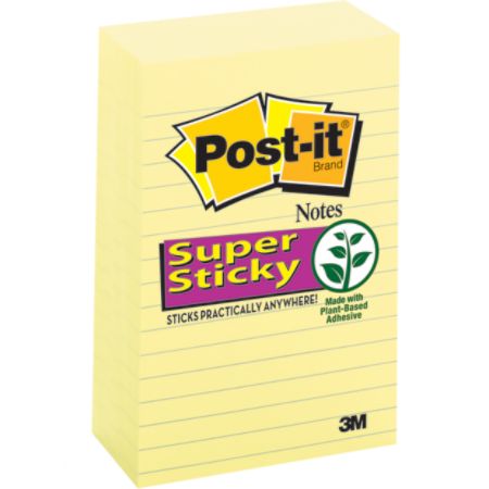 Post-it&reg; Super Sticky Lined Notes, 4" X 6", Yellow, 90 Sheets Per Pad, Pack Of 5 Pads