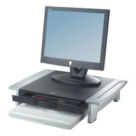 Fellowes&reg; Office Suites Small Monitor Riser, 4.19"H x 22"W x 14.06"D, Black/Silver