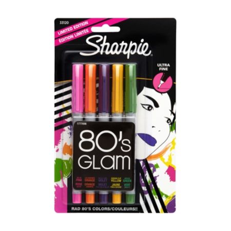 Sharpie&reg; 80's Glam Permanent Markers, Ultra-Fine Point, Assorted Colors, Pack Of 5