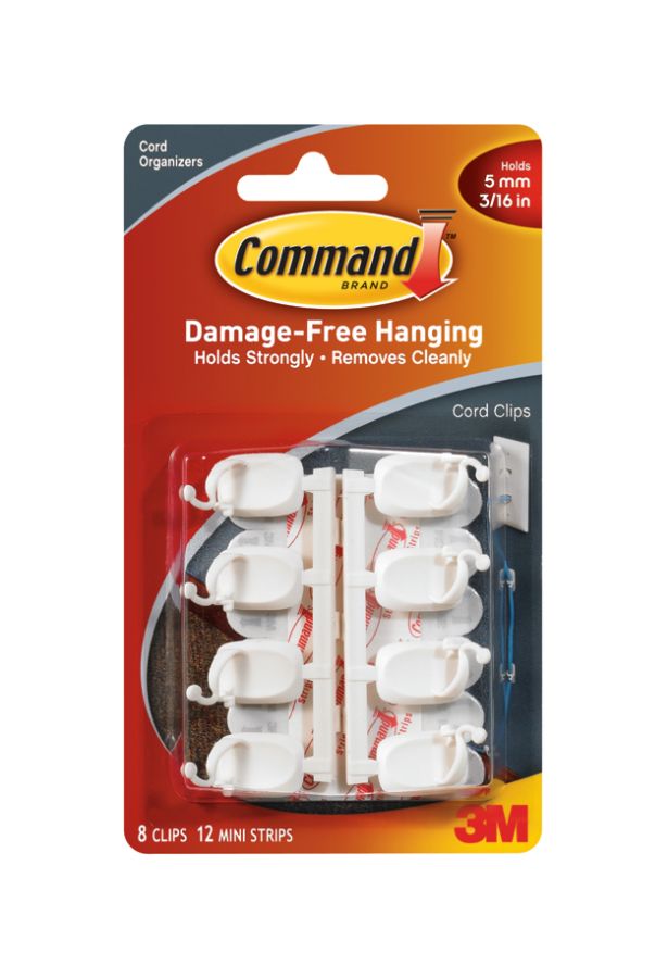 3M&trade; Command&trade; Damage-Free Cord Clips, Small, Pack Of 8 Clips/12 Strips