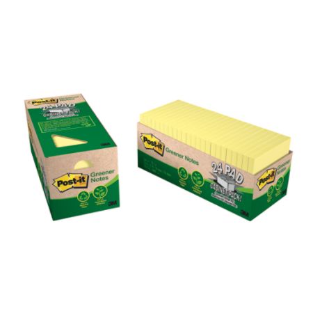 Post-it&reg; 3" x 3" Notes, Cabinet Pack, Canary Yellow, 100% Recycled, 75 Sheets Per Pad, Pack Of 24 Pads