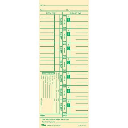 TOPS Weekly Time Card - 9" x 3.50" Sheet Size - Manila Sheet(s) - Green Print Color - 100 / Pack