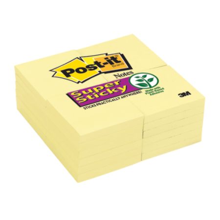 Post-it&reg; 3" x 3" Super Sticky Notes, Canary Yellow, 90 Notes Per Pad, Pack Of 24 Pads
